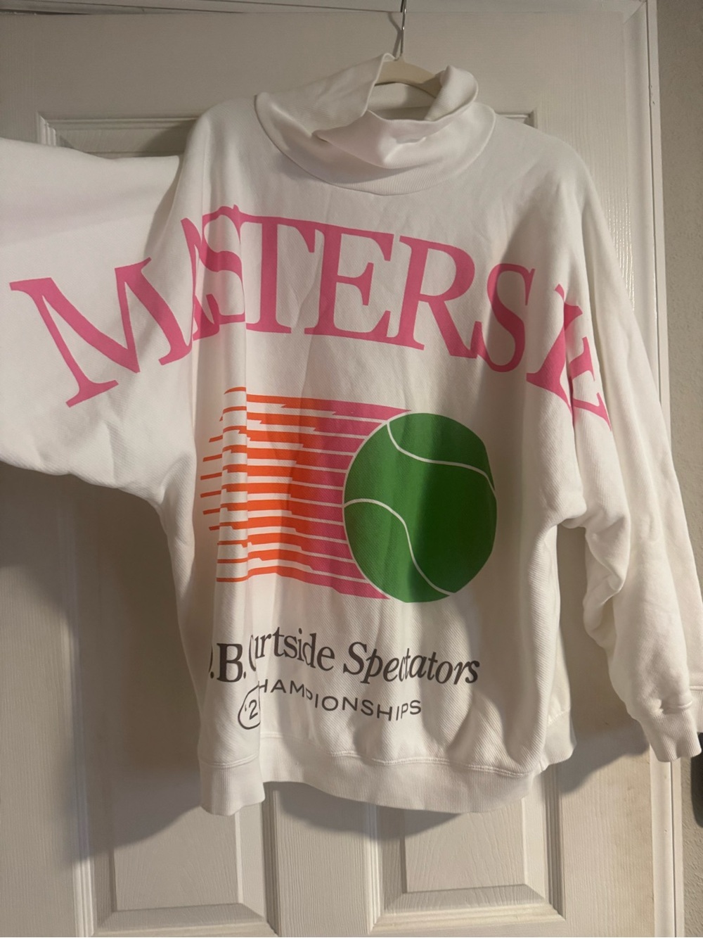 White Graphic Turtleneck Sweatshirt with Pink Logo and Green Tennis Motif